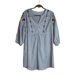 Knox Rose Navy and White Striped Babydoll Boho Dress Large Embroidered